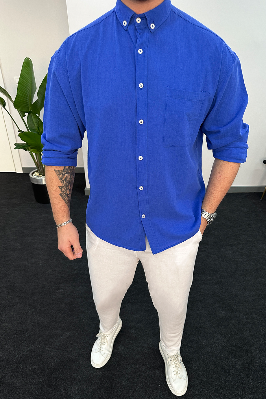 SAKS MAVİSİ OVERSIZE HAM KETEN GÖMLEK