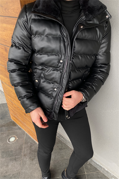 ŞİŞME DERİ YAKA KÜRKLÜ MONT