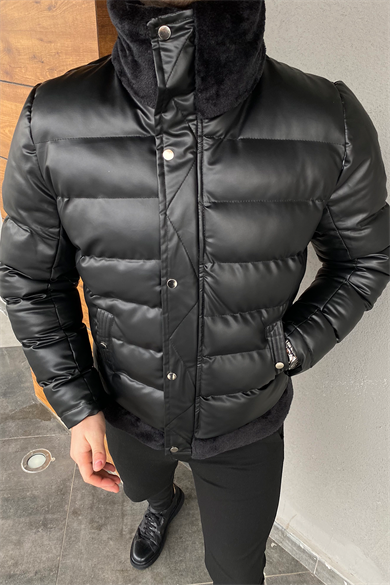 ŞİŞME DERİ YAKA KÜRKLÜ MONT