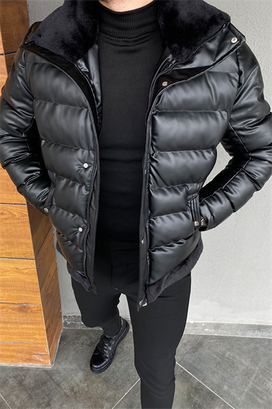 ŞİŞME DERİ YAKA KÜRKLÜ MONT