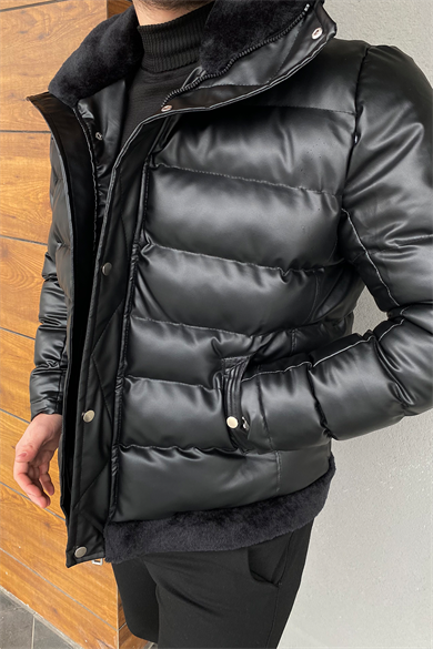 ŞİŞME DERİ YAKA KÜRKLÜ MONT