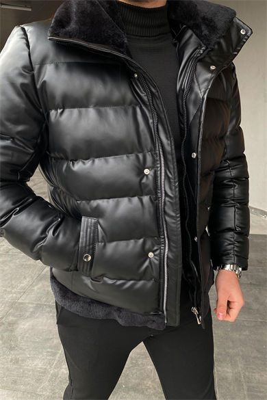 ŞİŞME DERİ YAKA KÜRKLÜ MONT