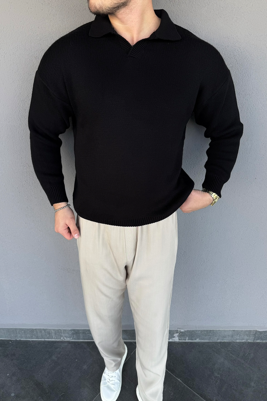 SİYAH AÇIK YAKA KLASİK OVERSİZE TRİKO KAZAK