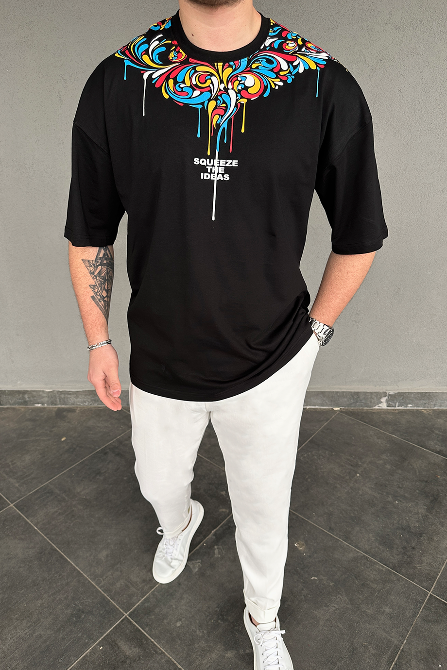 SİYAH BASKILI OVERSIZE T-SHİRT