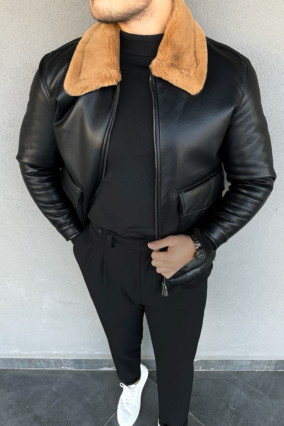 SİYAH-BEJ KÜRKLÜ PREMİUM TORBA CEPLİ DERİ MONT