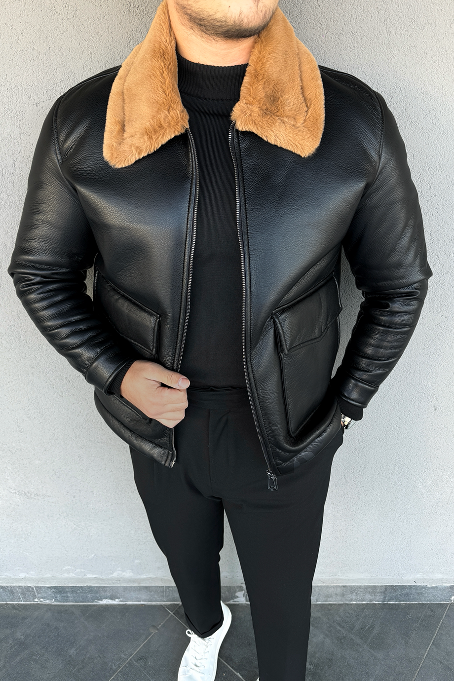 SİYAH-BEJ KÜRKLÜ PREMİUM TORBA CEPLİ DERİ MONT