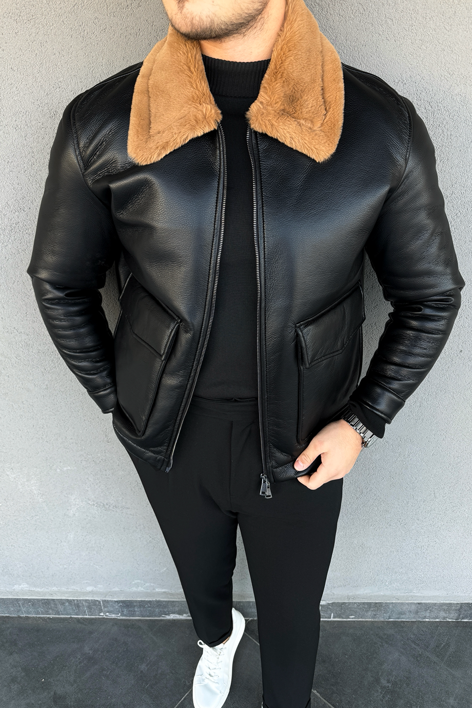 SİYAH-BEJ KÜRKLÜ PREMİUM TORBA CEPLİ DERİ MONT