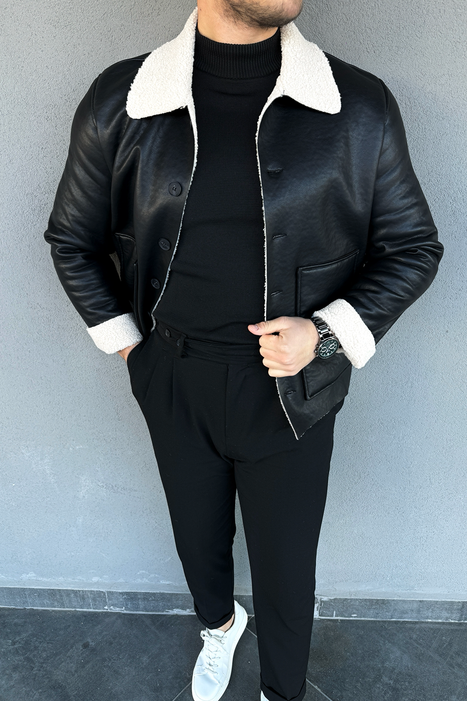 SİYAH-BEJ YAKA KÜRKLÜ PREMİUM MONT