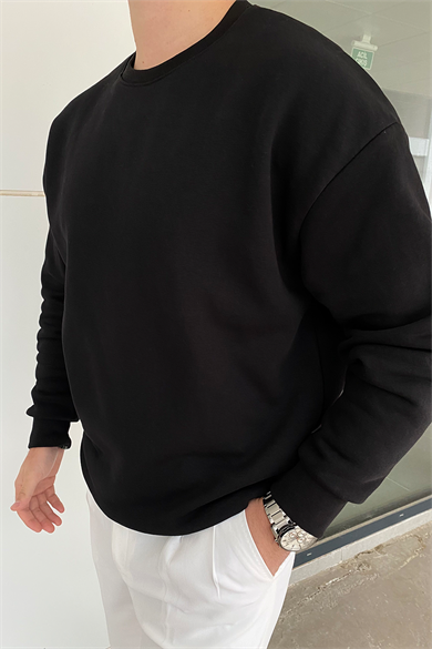 SİYAH BİSİKLET YAKA OVERSIZE BASİC SWEATSHİRT