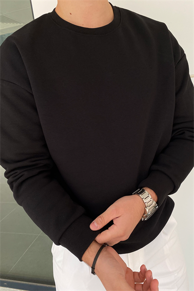 SİYAH BİSİKLET YAKA OVERSIZE BASİC SWEATSHİRT