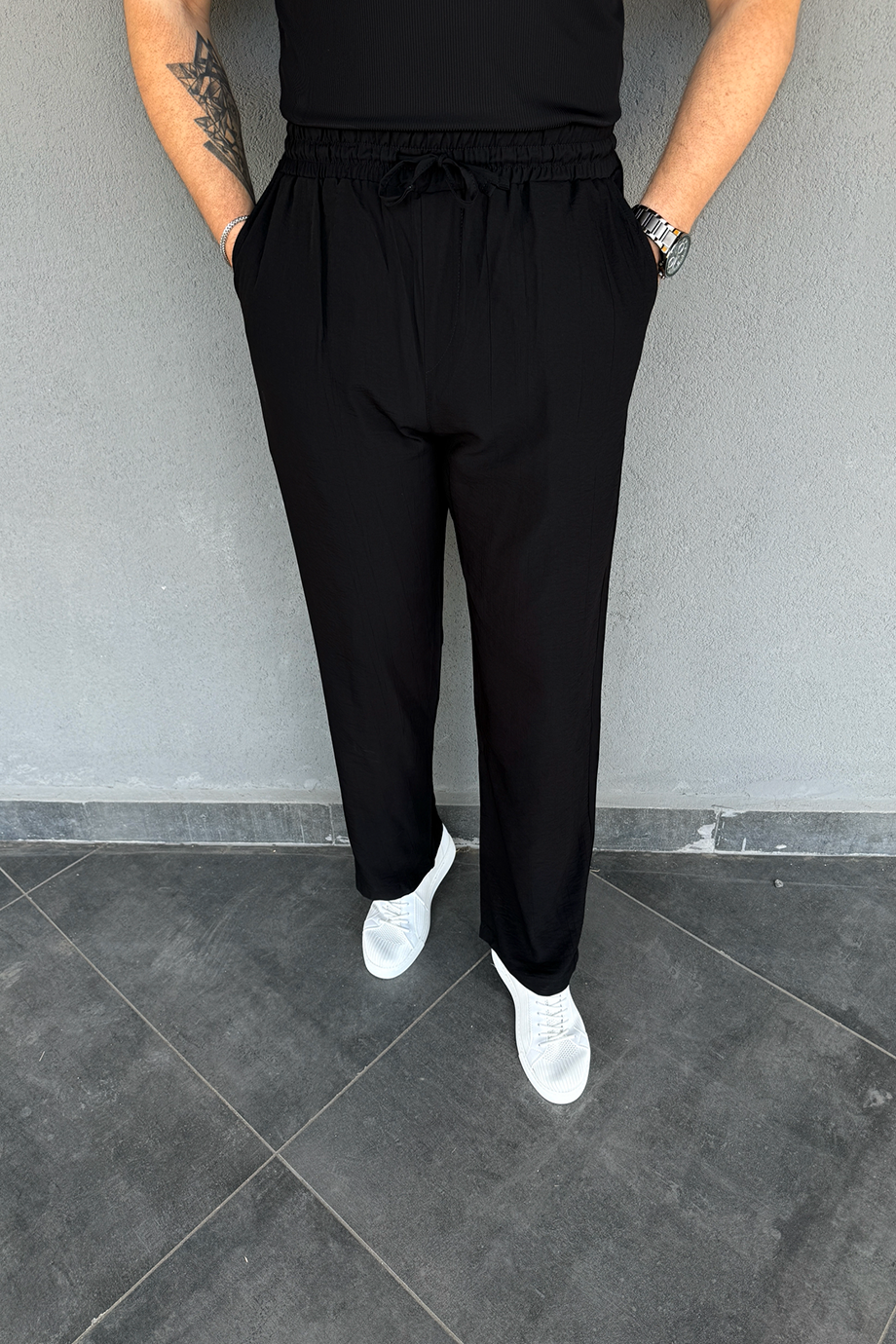 SİYAH DESENLİ BELİ LASTİKLİ BAGGY PANTALON