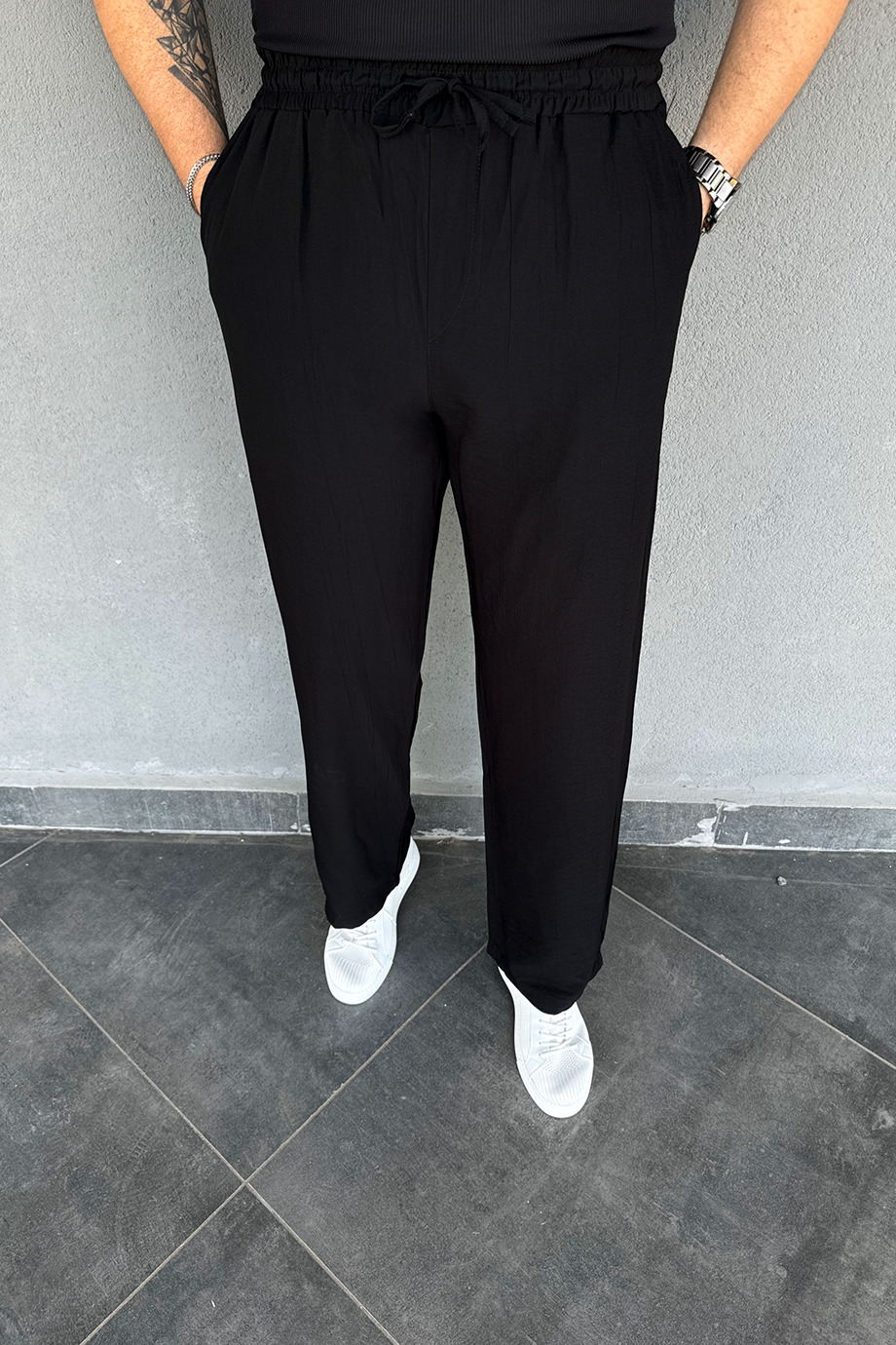 SİYAH DESENLİ BELİ LASTİKLİ BAGGY PANTALON