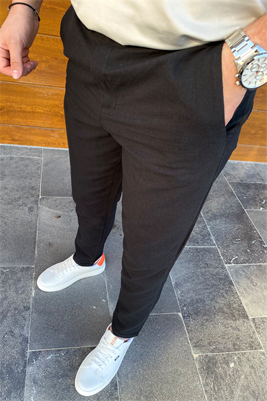 SİYAH DOUBLE PAÇA HAM KETEN PANTALON
