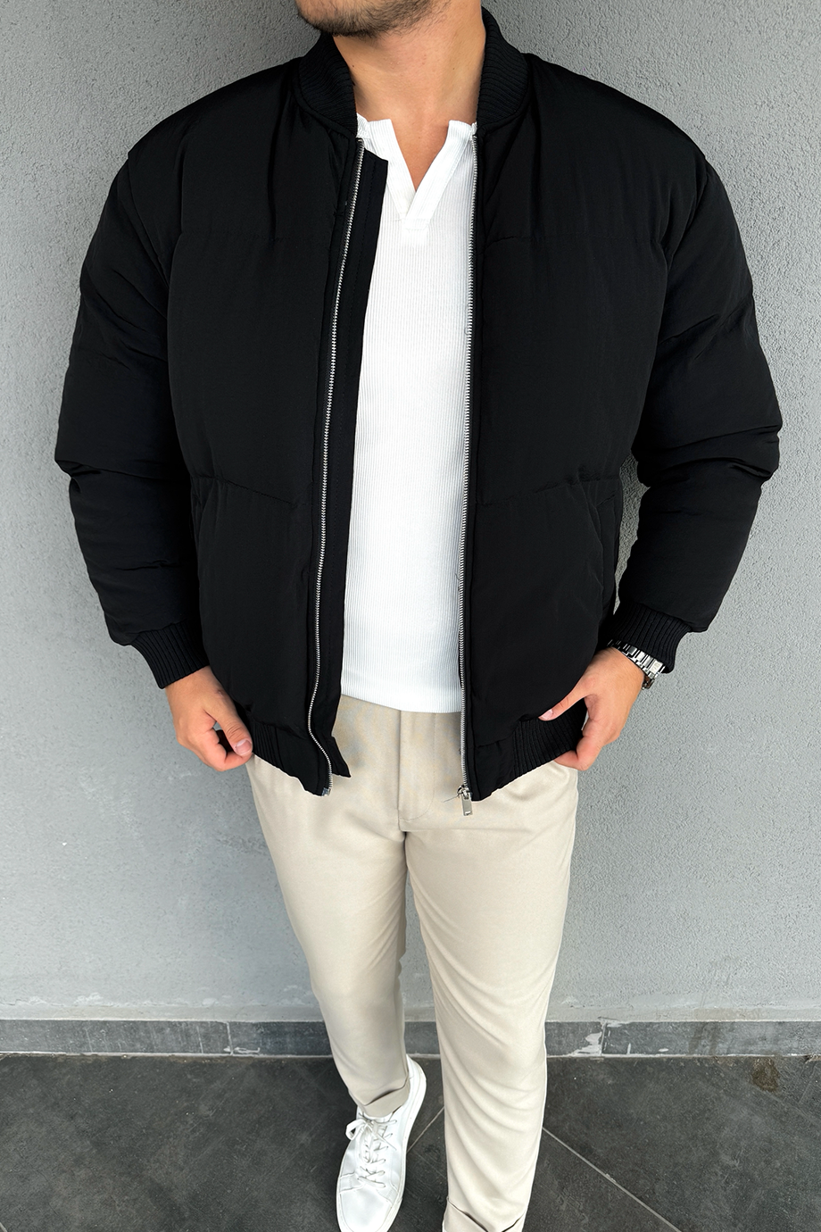 SİYAH FULL DOLUM ELYAFLI BOMBER MONT