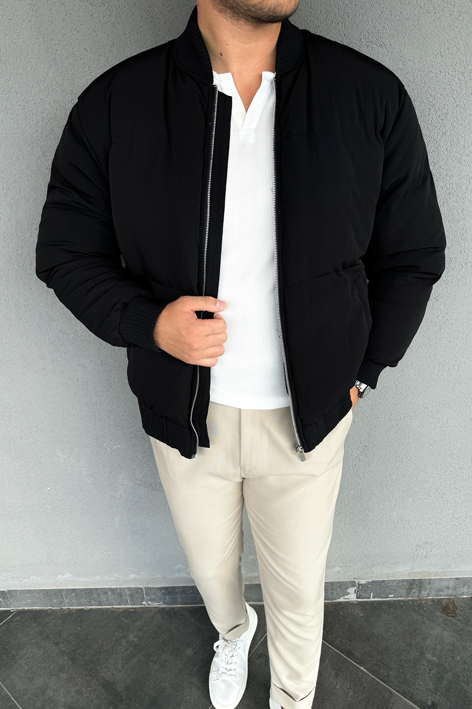 SİYAH FULL DOLUM ELYAFLI BOMBER MONT