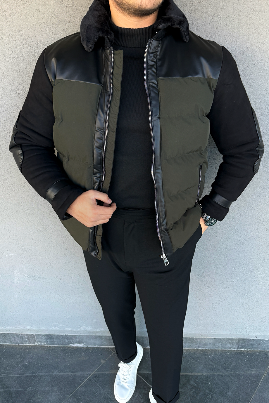 SİYAH-HAKİ ÖZEL TASARIM KÜRKLÜ MONT