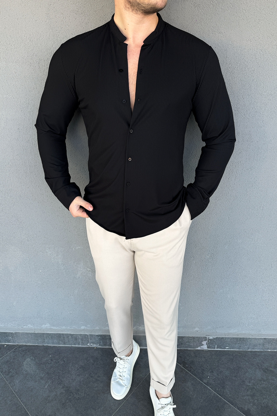 SİYAH HAKİM YAKA FİTİLLİ GÖMLEK