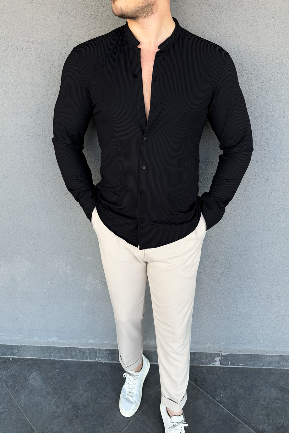 SİYAH HAKİM YAKA FİTİLLİ GÖMLEK