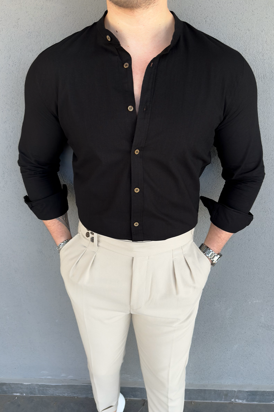 SİYAH HAKİM YAKA KETEN KARIŞIMLI GÖMLEK