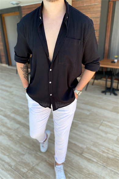 SİYAH HAM KETEN OVERSIZE GÖMLEK