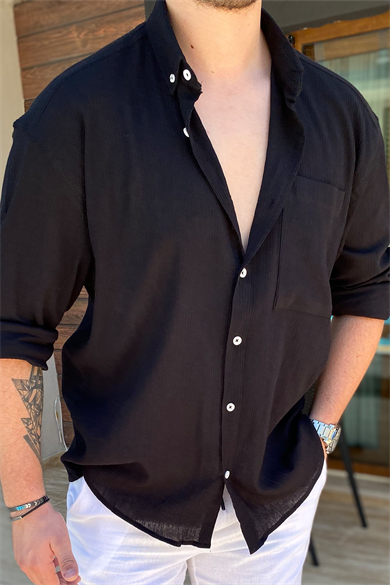 SİYAH HAM KETEN OVERSIZE GÖMLEK