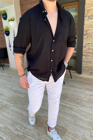 SİYAH HAM KETEN OVERSIZE GÖMLEK
