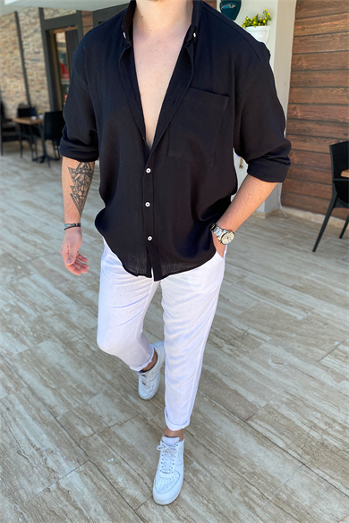 SİYAH HAM KETEN OVERSIZE GÖMLEK