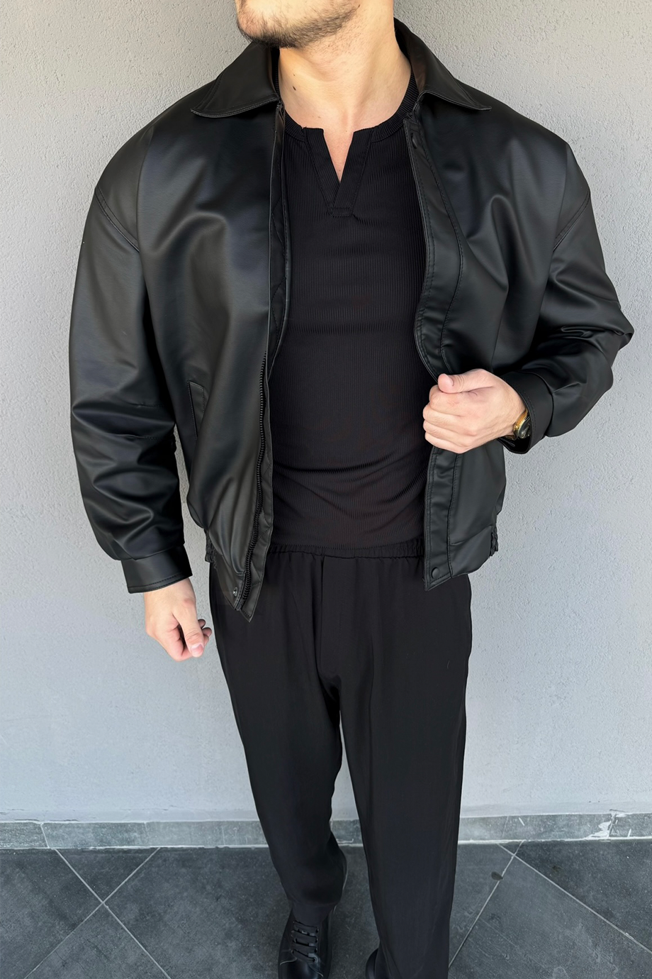 SİYAH İÇİ FULL KÜRKLÜ OVERSIZE DERİ MONT