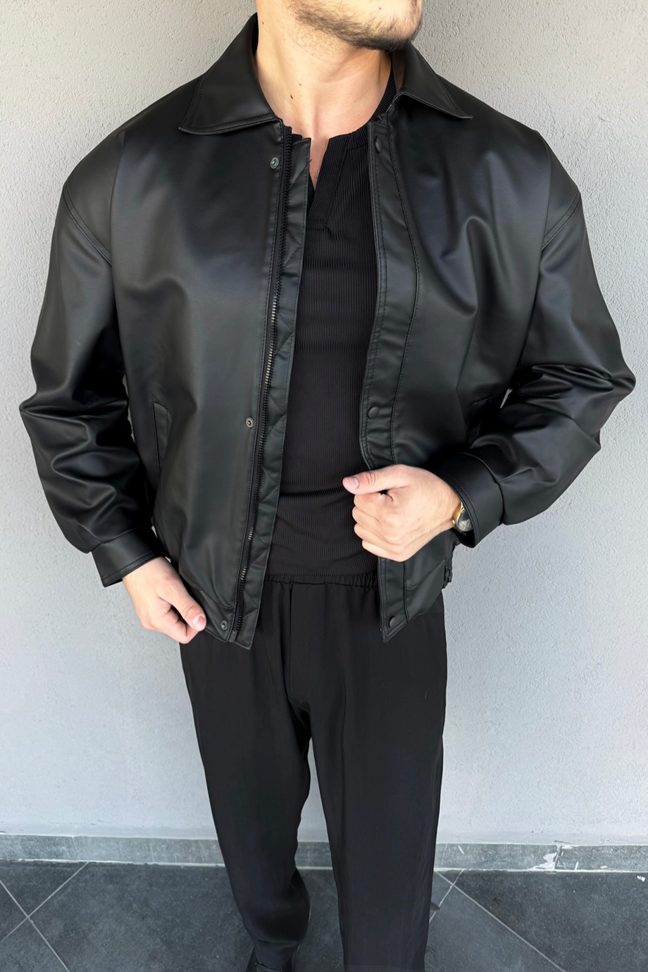 SİYAH İÇİ FULL KÜRKLÜ OVERSIZE DERİ MONT