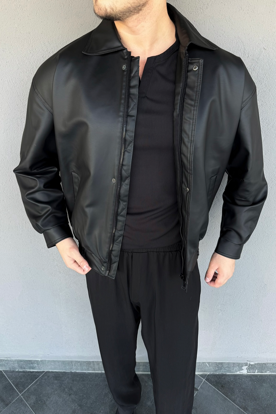 SİYAH İÇİ FULL KÜRKLÜ OVERSIZE DERİ MONT