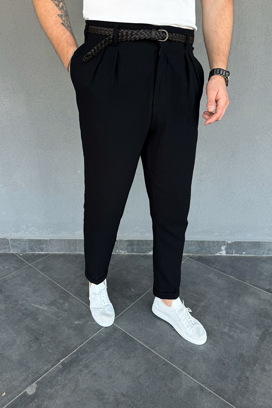 SİYAH İTALYAN KESİM DESENLİ KENDİNDEN KEMERLİ PANTALON