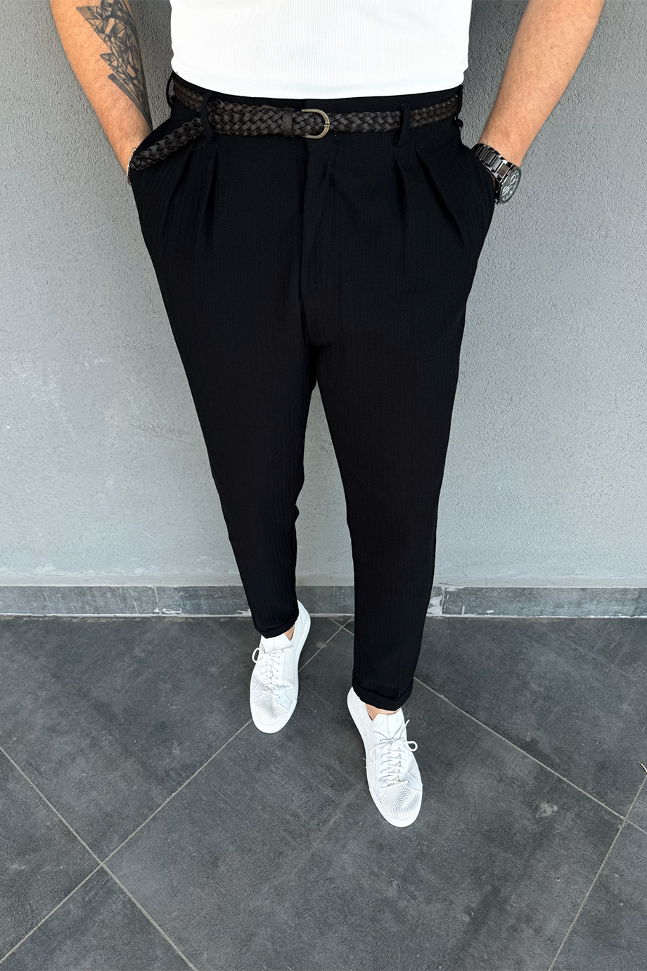 SİYAH İTALYAN KESİM DESENLİ KENDİNDEN KEMERLİ PANTALON