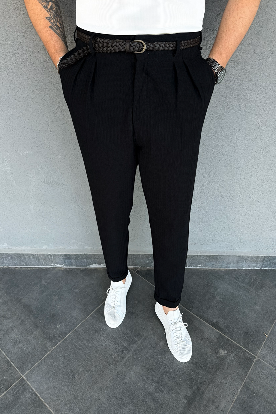 SİYAH İTALYAN KESİM DESENLİ KENDİNDEN KEMERLİ PANTALON
