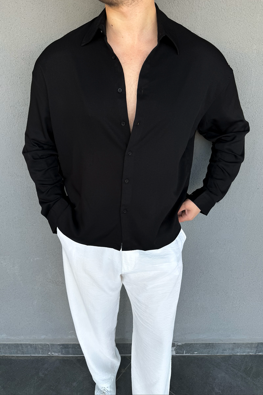 SİYAH İTALYAN YAKA OVERSIZE GÖMLEK