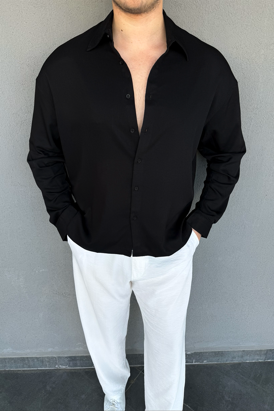 SİYAH İTALYAN YAKA OVERSIZE GÖMLEK