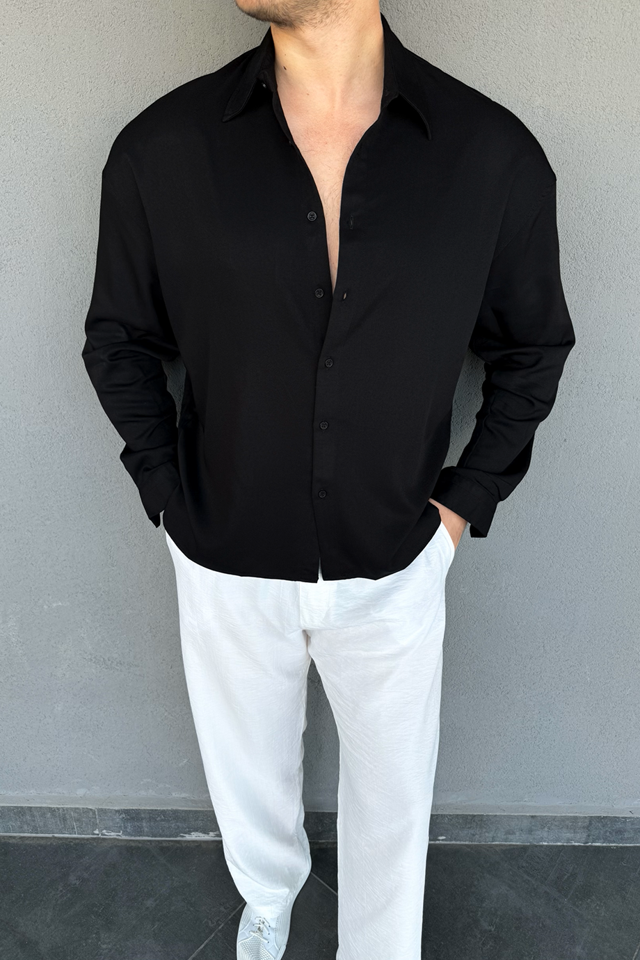 SİYAH İTALYAN YAKA OVERSIZE GÖMLEK