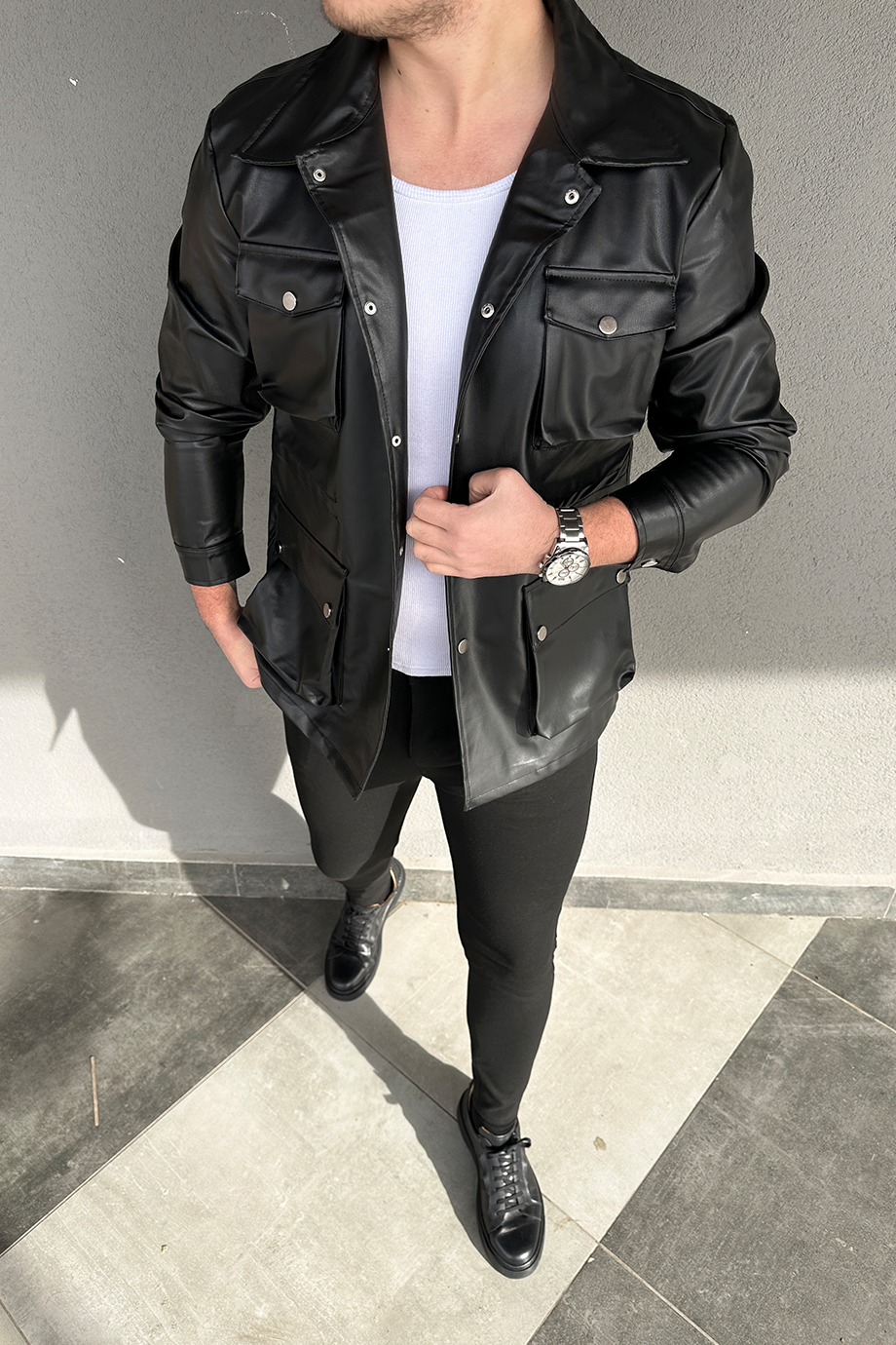 SİYAH KÖRÜKLÜ DERİ CEKET