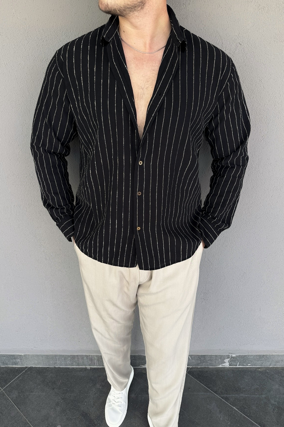SİYAH-KREM ÇİZGİLİ PREMİUM OVERSIZE GÖMLEK