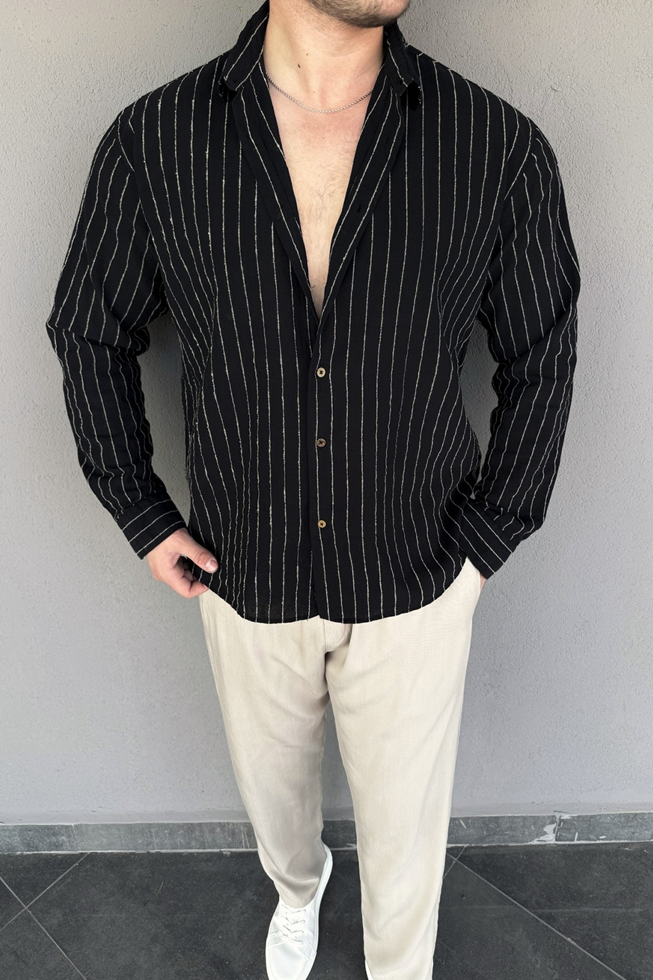 SİYAH-KREM ÇİZGİLİ PREMİUM OVERSIZE GÖMLEK