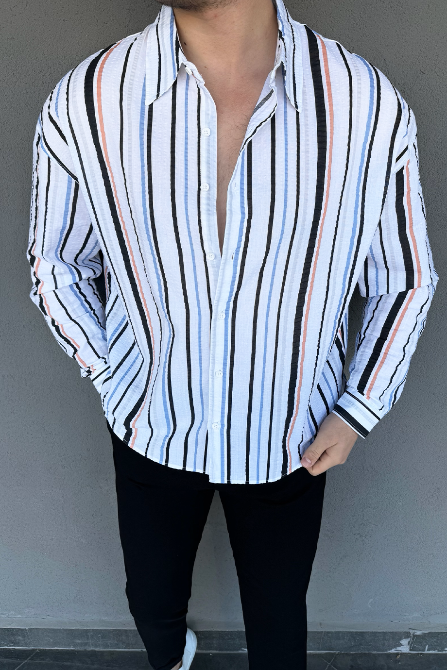 SİYAH-MAVİ-TURKUAZ ÇİZGİLİ GÖMLEK