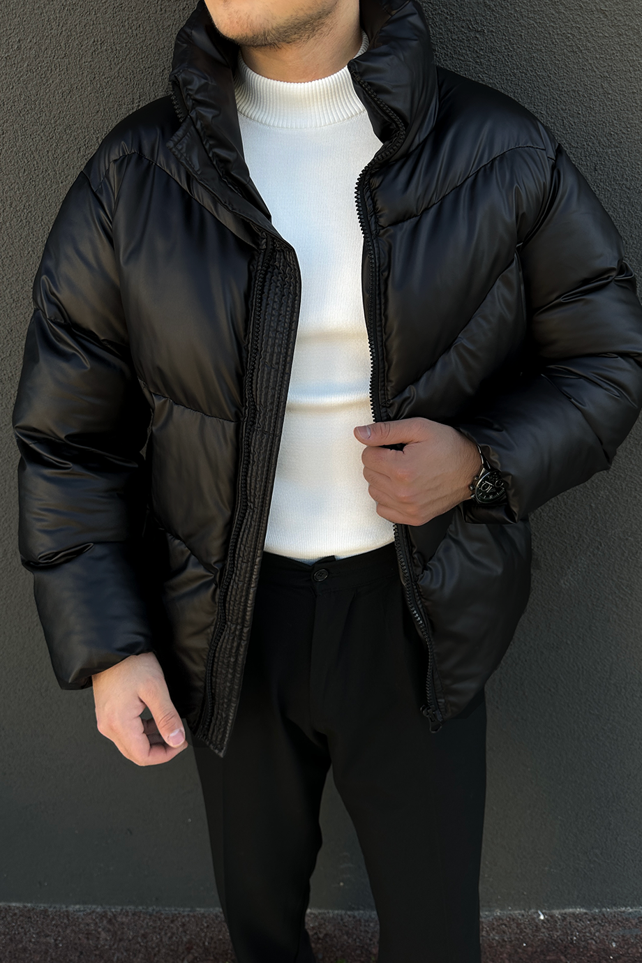 SİYAH OVERSIZE DİK YAKA ŞİŞME DERİ MONT