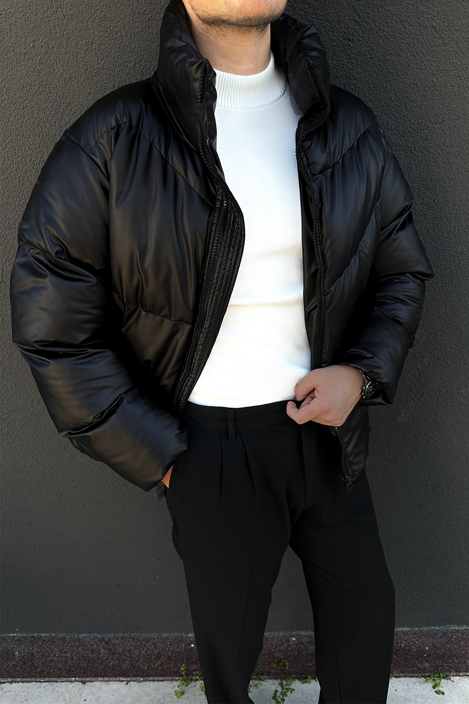 SİYAH OVERSIZE DİK YAKA ŞİŞME DERİ MONT