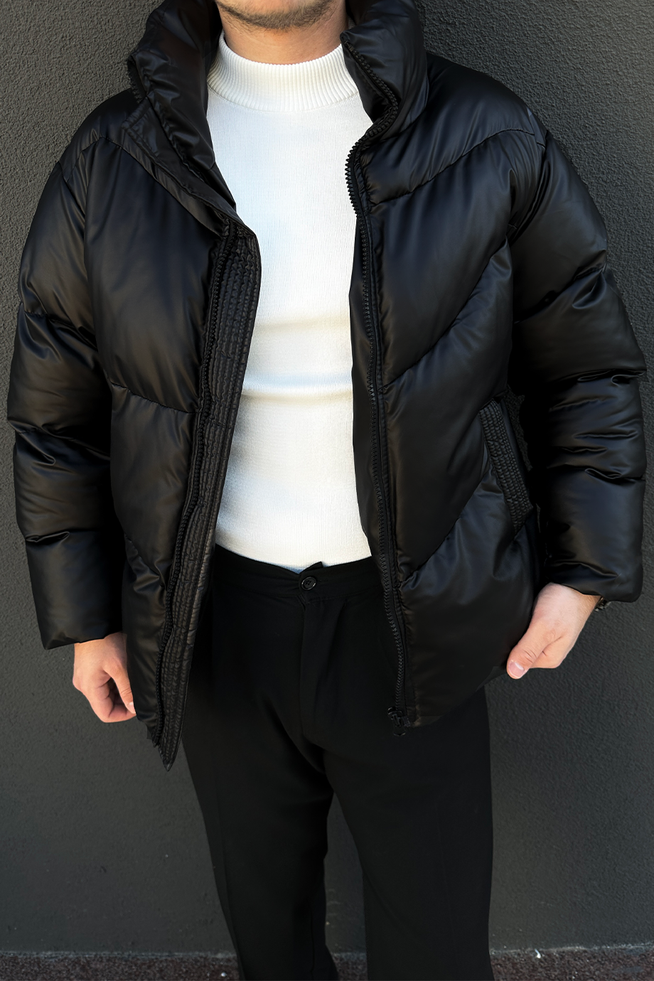 SİYAH OVERSIZE DİK YAKA ŞİŞME DERİ MONT