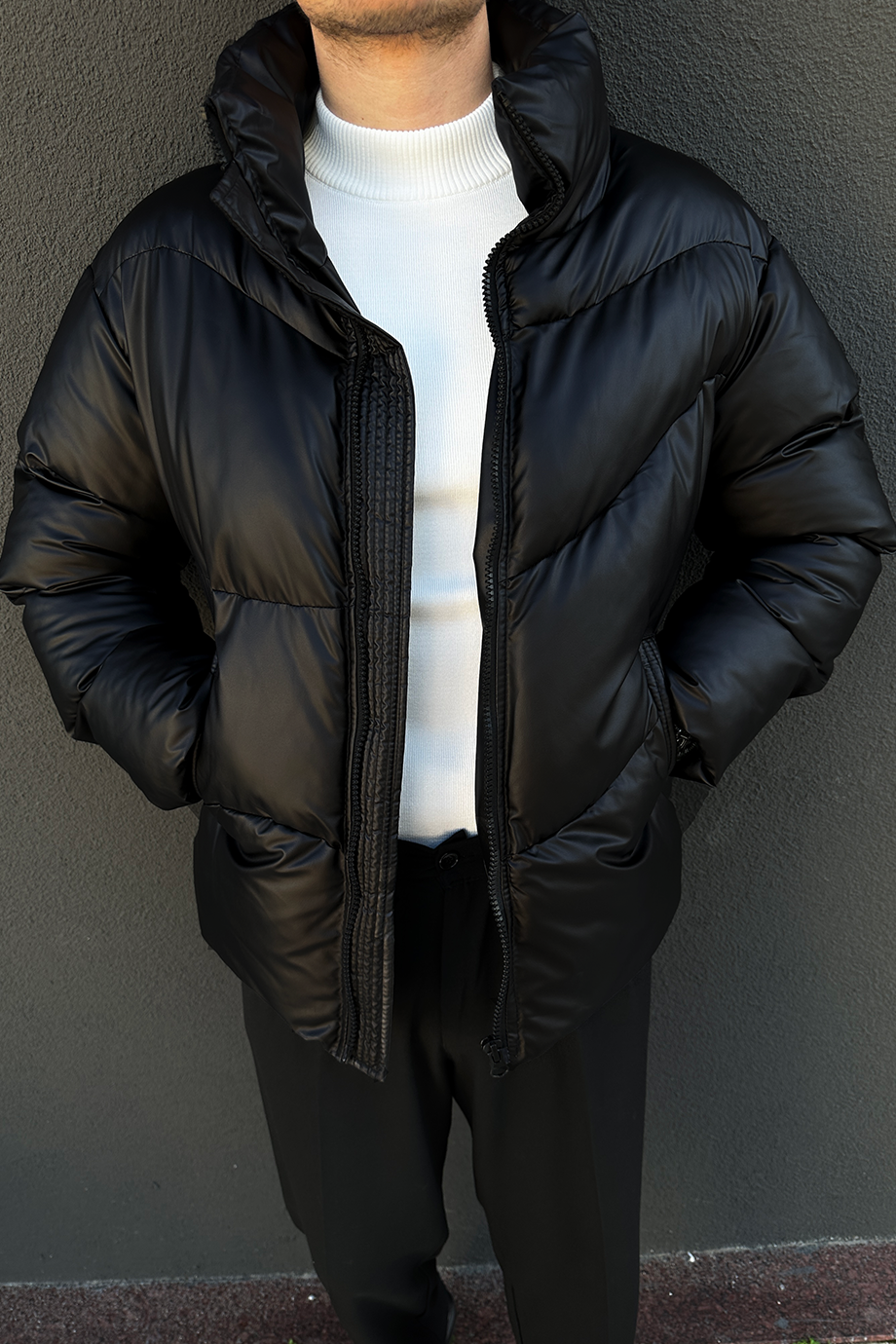 SİYAH OVERSIZE DİK YAKA ŞİŞME DERİ MONT