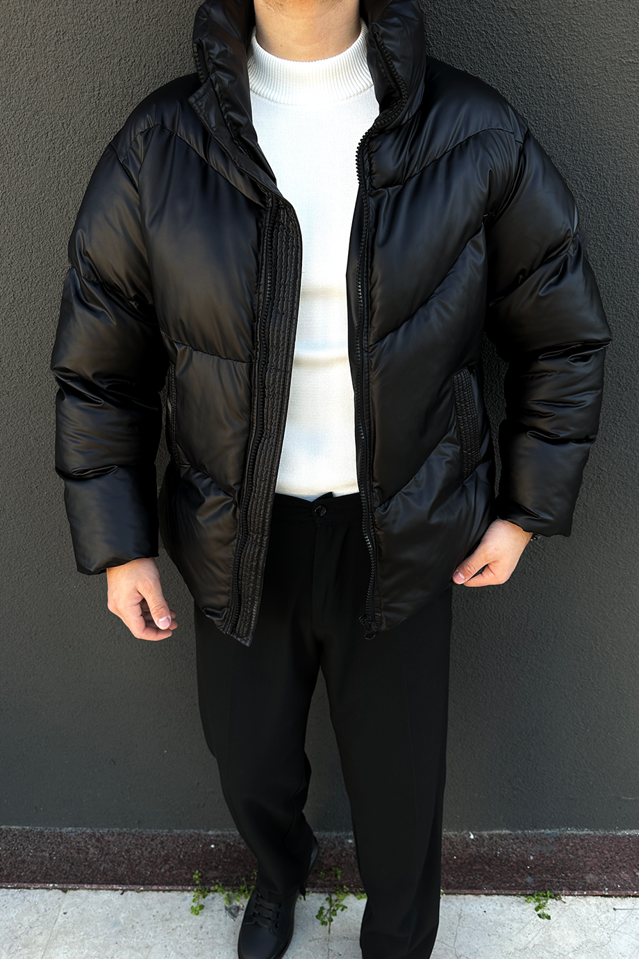 SİYAH OVERSIZE DİK YAKA ŞİŞME DERİ MONT