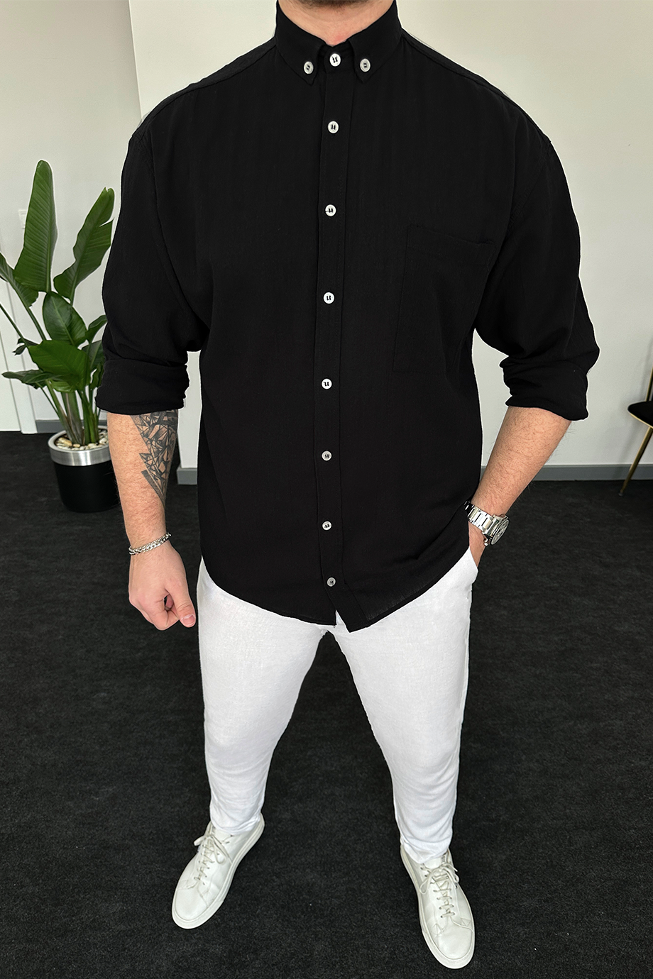 SİYAH OVERSIZE HAM KETEN GÖMLEK