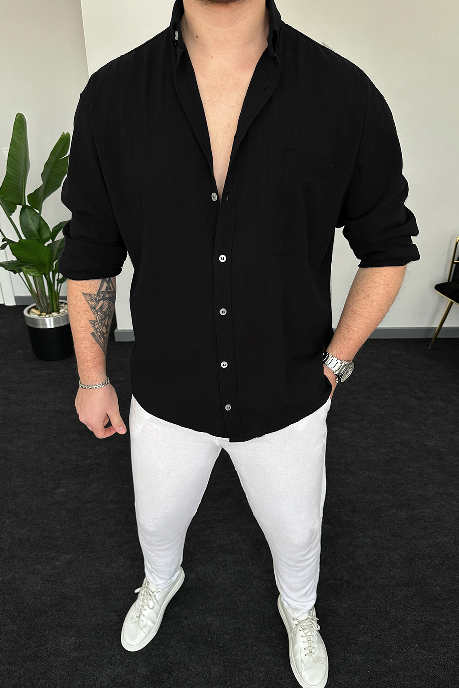 SİYAH OVERSIZE HAM KETEN GÖMLEK