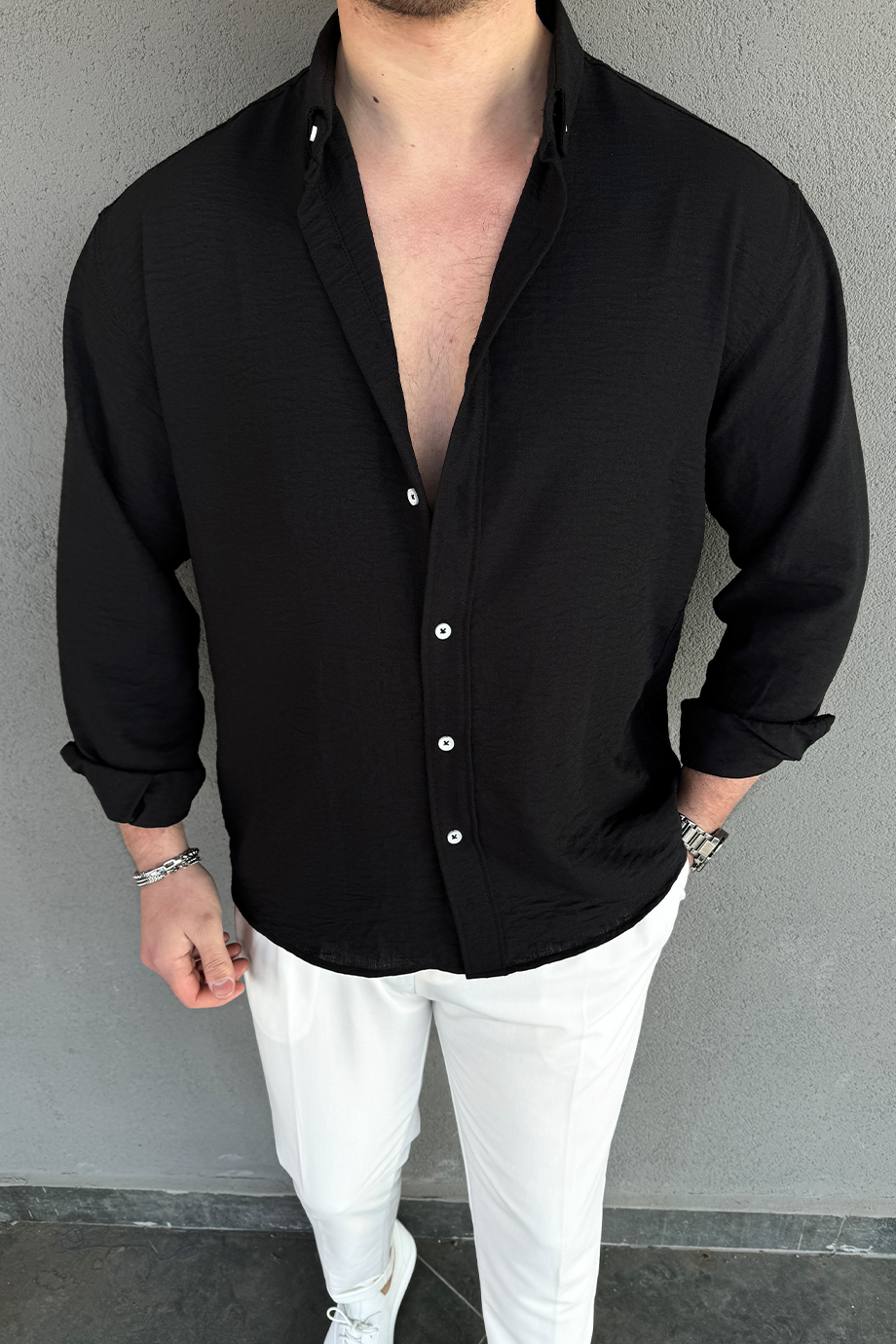 SİYAH OVERSIZE KALIP KETEN KARIŞIMLI GÖMLEK