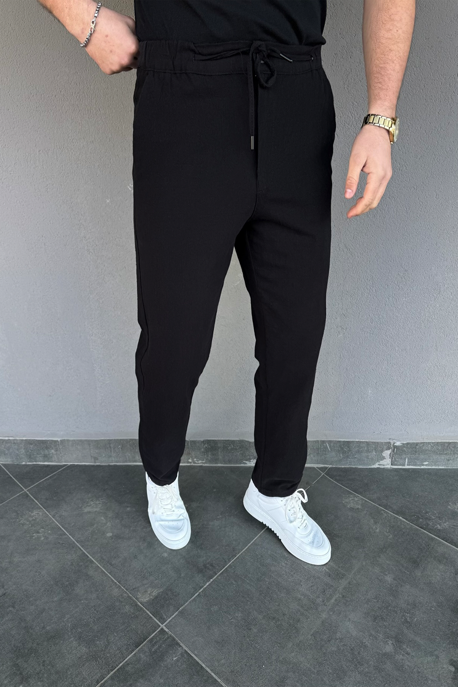 SİYAH PAMUK KETEN REGULAR FİT PANTALON