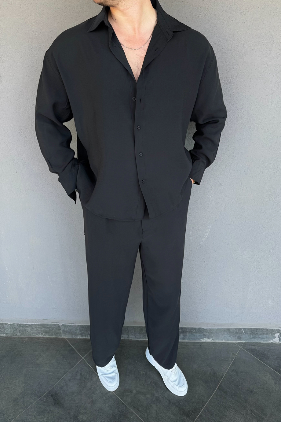 SİYAH PREMİUM MODAL KUMAŞ GÖMLEK-PANTALON TAKIM